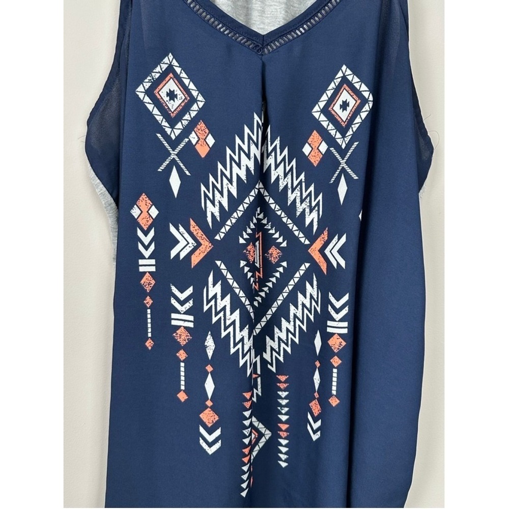Rewind 1X Navy Blue Geometric Print Tank Top Women's Layered Look Coral Straps‎ - Picture 3 of 7